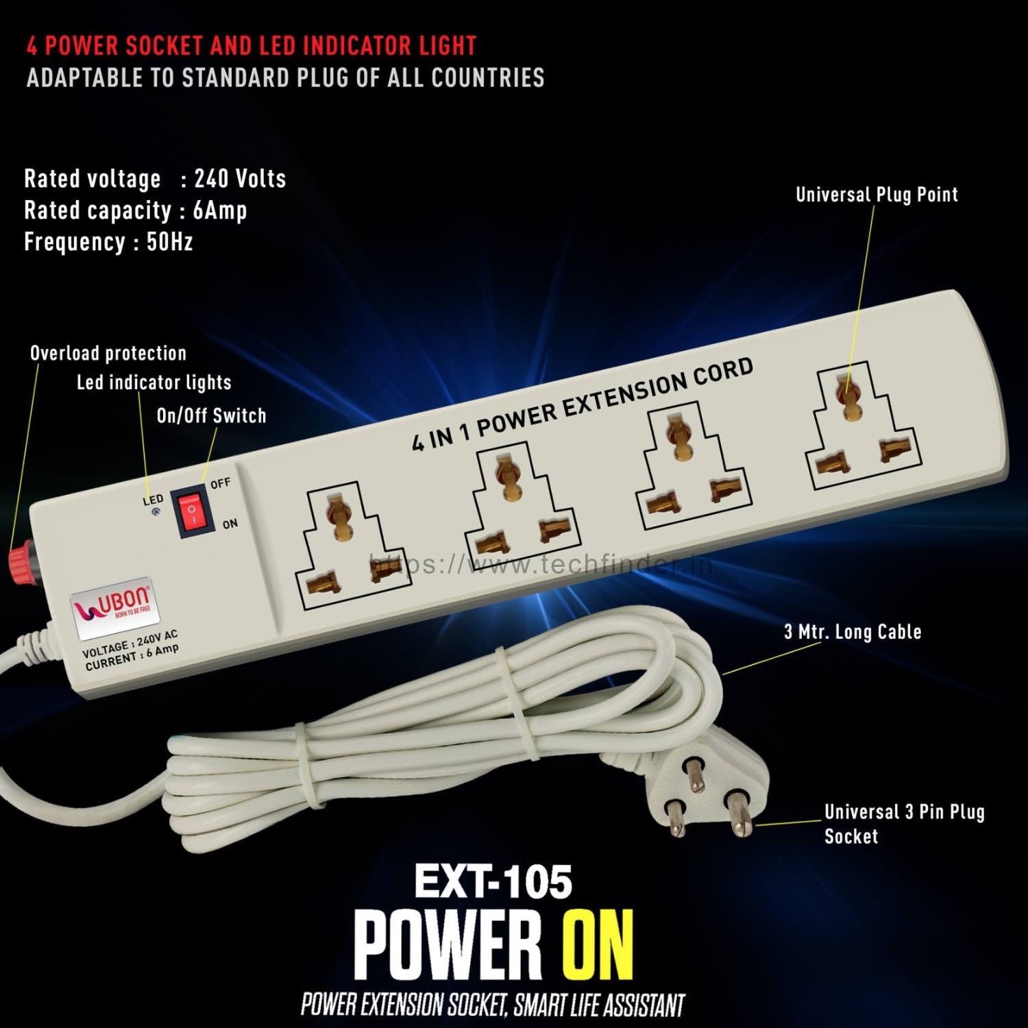 Ubon Ext-105 Universal 4 Socket 4.2mtr 6Amp Spike Guard Ubon Ext-105 Universal 4 Socket 4.2mtr 6Amp Spike Guard